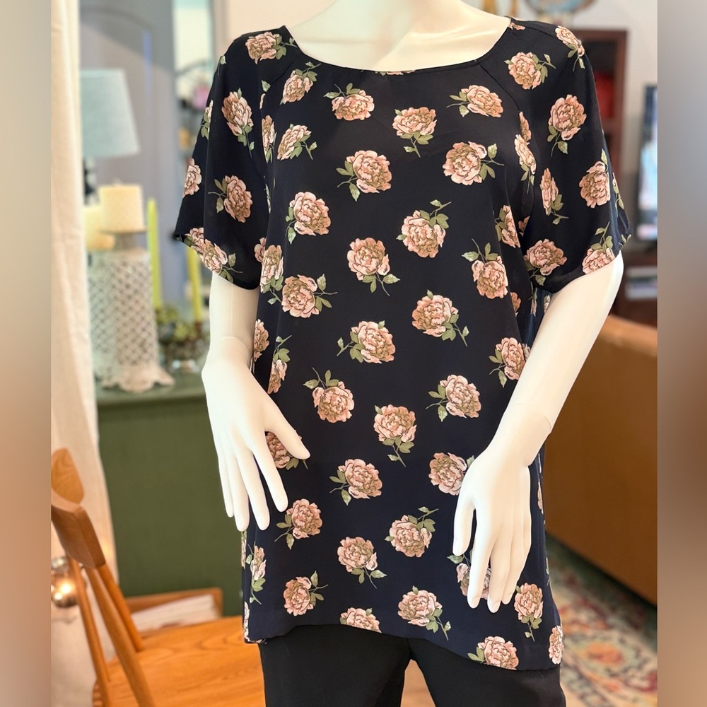 LOFT Navy Blouse with Peach and Olive Floral Design